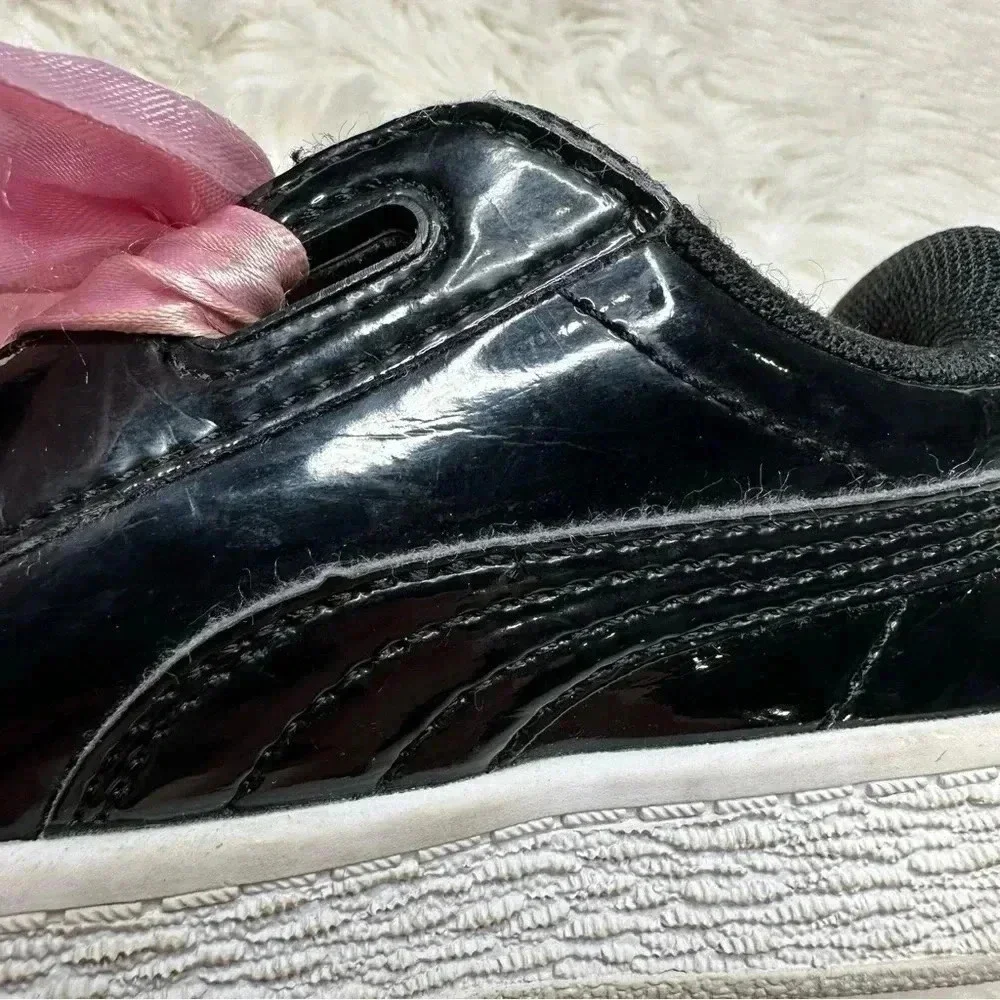 Puma Basket Heart Patent Black Sneakers  Pink Laces Size 8 - Picture 7 of 16